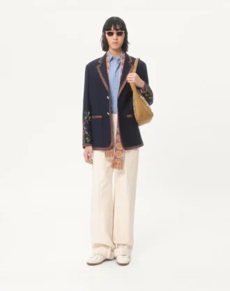 Boncuklu Nakış ve Yamalı Tek Sıralı Keten Ceket