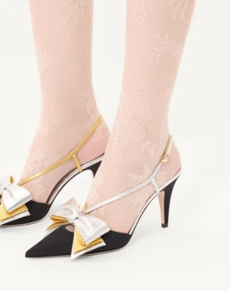 Bowow Slingback Topuklu Ayakkabı, Moirè Kumaş, 85 mm