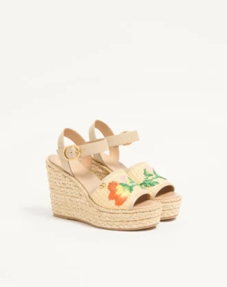 Çiçek işlemeli Bribri Raffia Wedge Sandal 115 mm