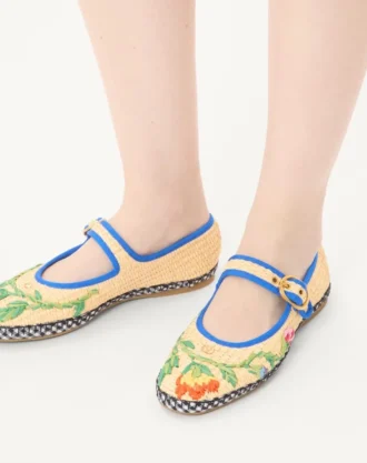 Çiçek İşlemeli Rafya Mary-Jane Endouce Balerin Ayakkabı