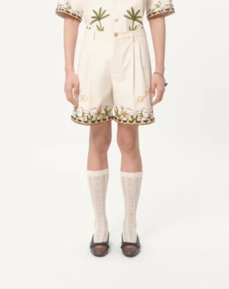 Çiçek Nakışlı ve Jakarlı Süslü Pamuk Kanvas Bermuda Şort
