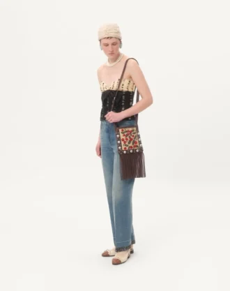 Valentino Garavani Nellcôte Küçük Omuz Çantası, Jakarlı Rafya, Cherryfic Desenli