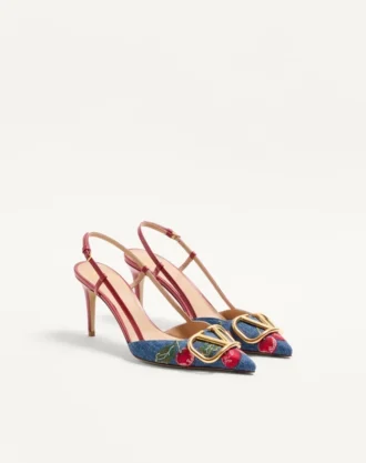 Vlogo Signature Slingback Pumps In Denim With Cherryfic Embroidery 80Mm
